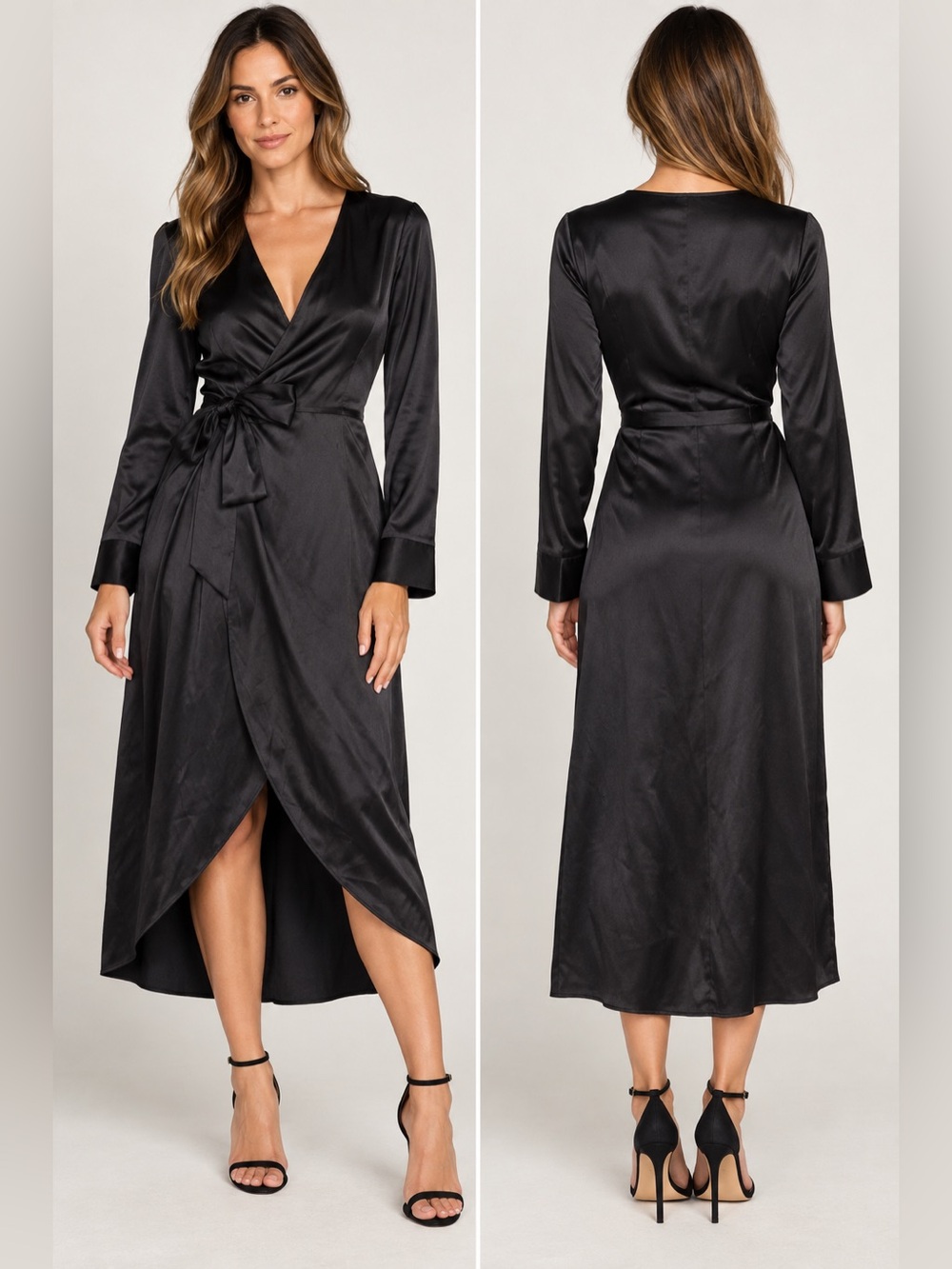 Fleur du Mal Black Silk Wrap Midi Dress M Long Sleeve Tie Waist High Low